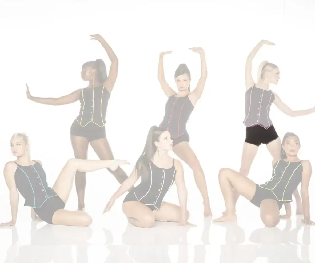 Five dancers in black outfits pose against a white background.