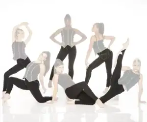 Six women model black outfits with colorful piping.