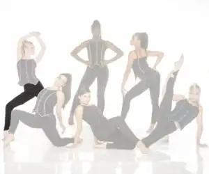 Six women model black outfits with colorful trim
