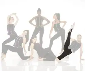 Six women pose in black dancewear with colorful trim.