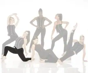 Six women modeling black outfits with colorful piping