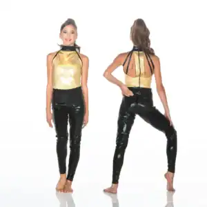 Model showing front and back of gold halter top