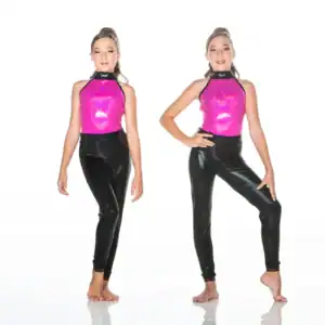 Two girls model pink halter tops and black leggings.