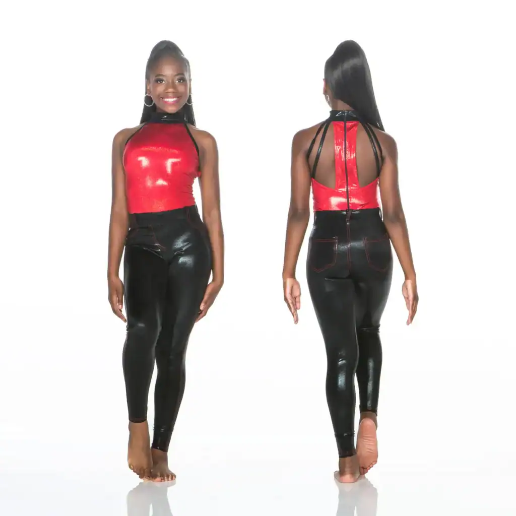Front and back views of red halter top and black leggings