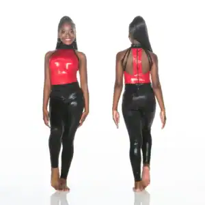 Front and back views of red halter top and black leggings