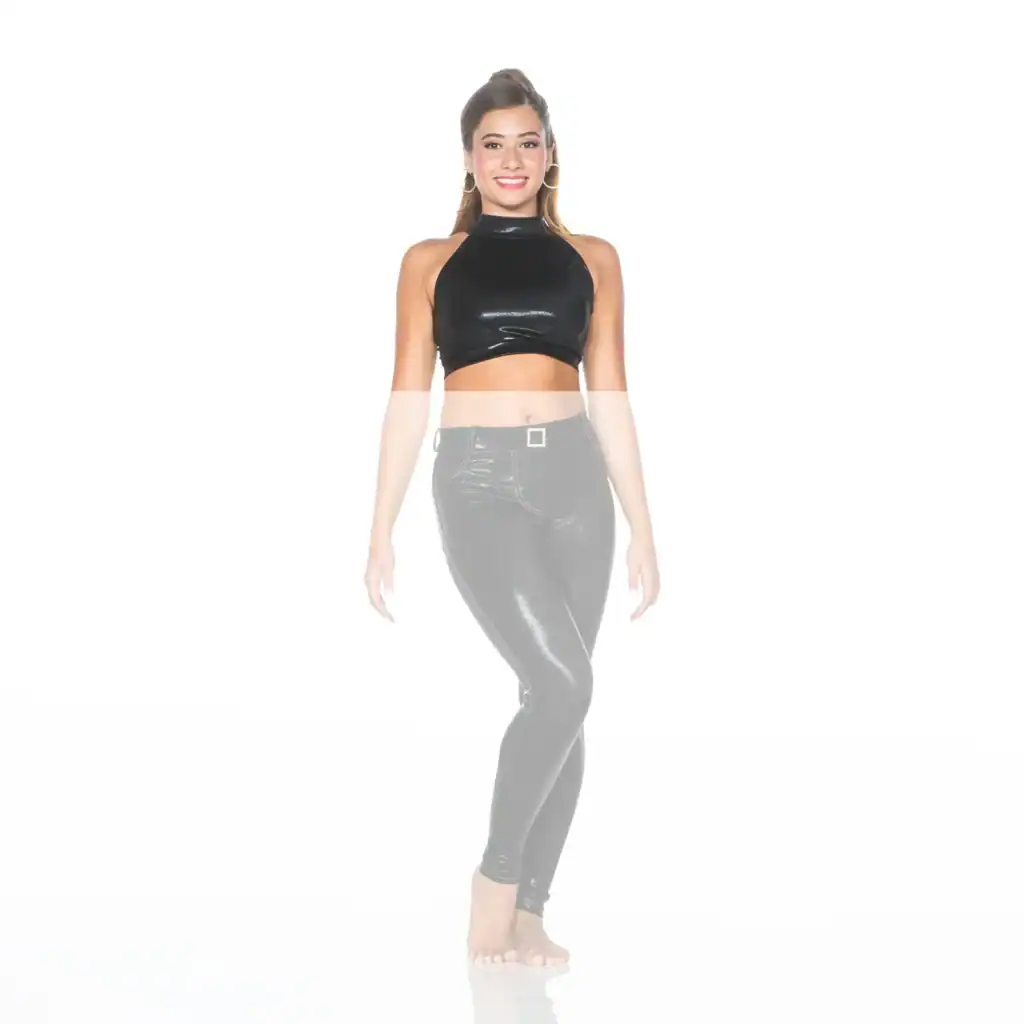 Smiling woman wearing black crop top and shiny leggings
