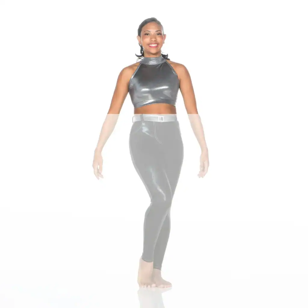 Woman modeling metallic gray halter crop top and leggings