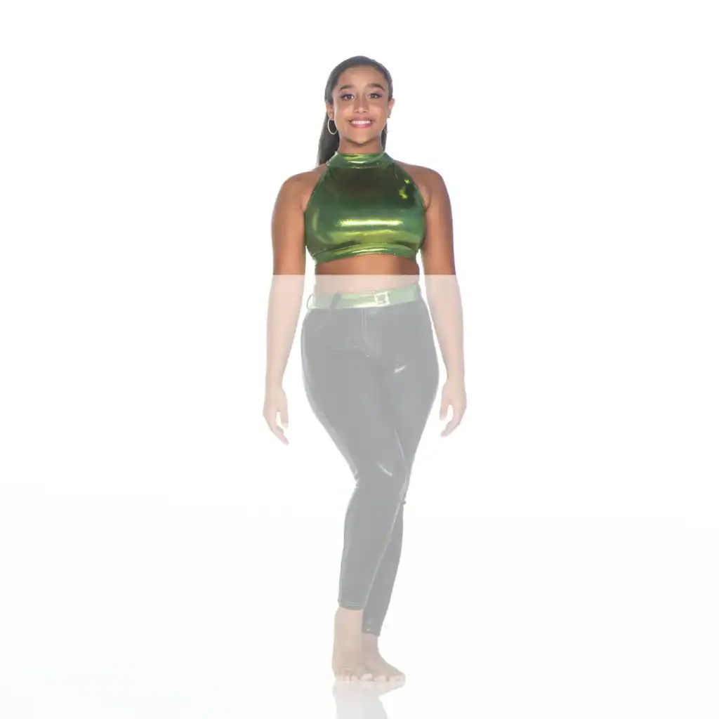 Woman wearing a green metallic crop top and black leggings