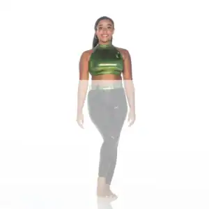 Woman wearing a green metallic crop top and black leggings