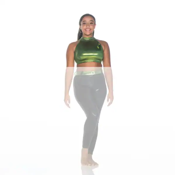 Woman wearing a green metallic crop top and black leggings