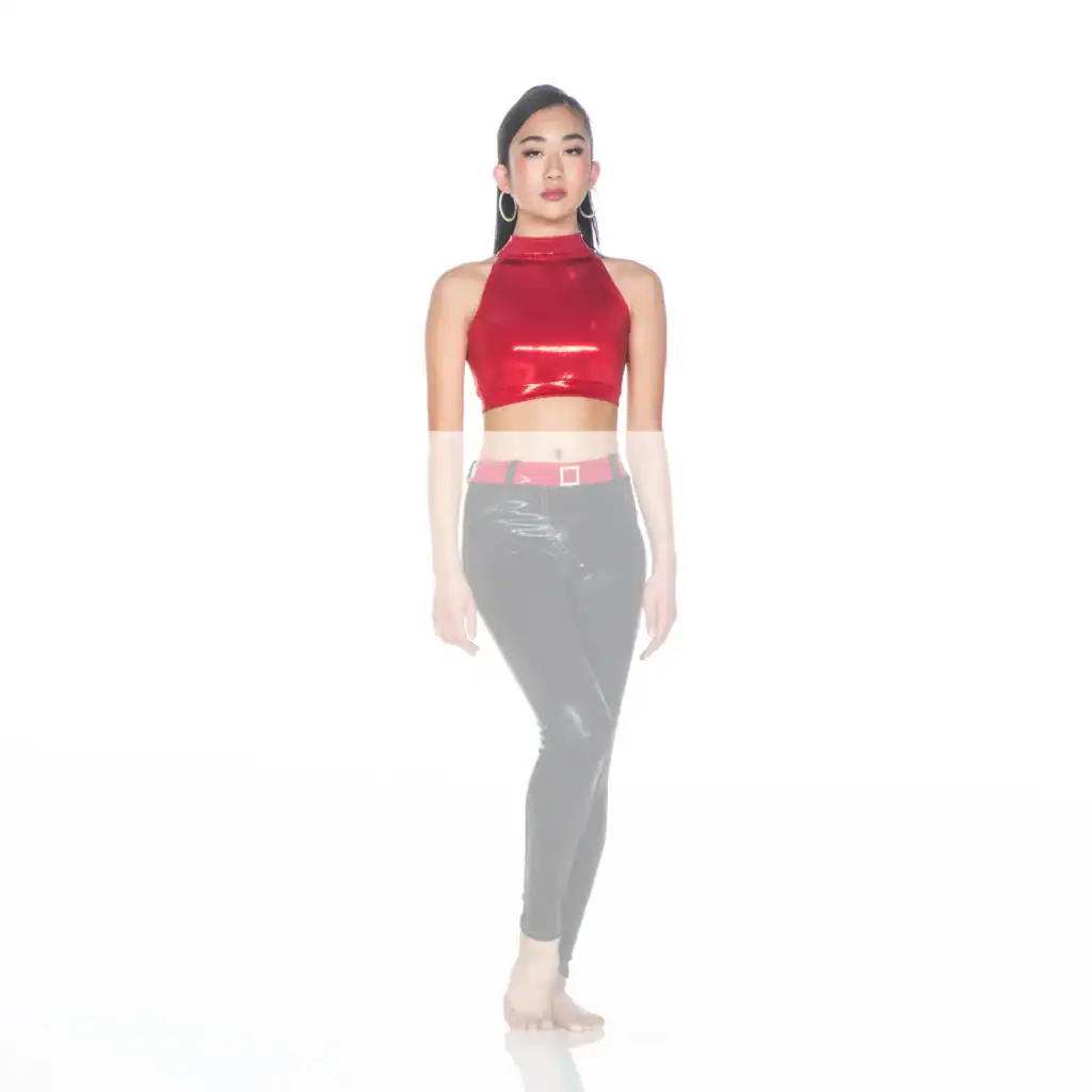 Model wearing red halter crop top and black pants
