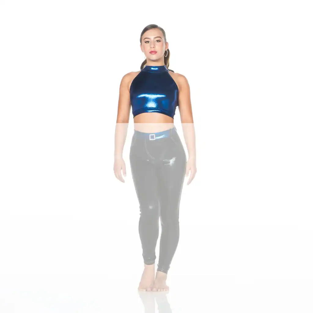 Woman modeling metallic blue halter crop top and black pants
