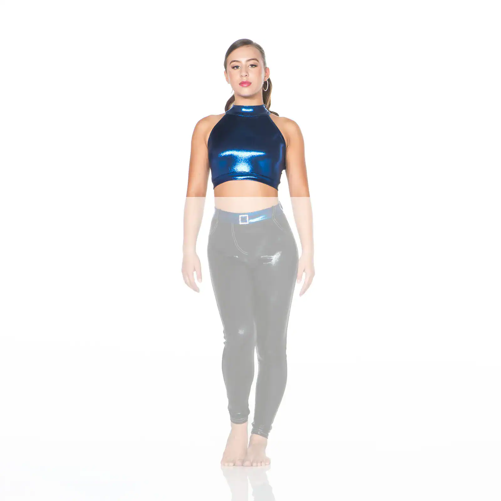Woman modeling metallic blue halter crop top and black pants