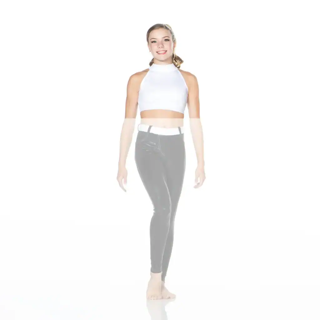 Smiling woman in white crop top and black leggings