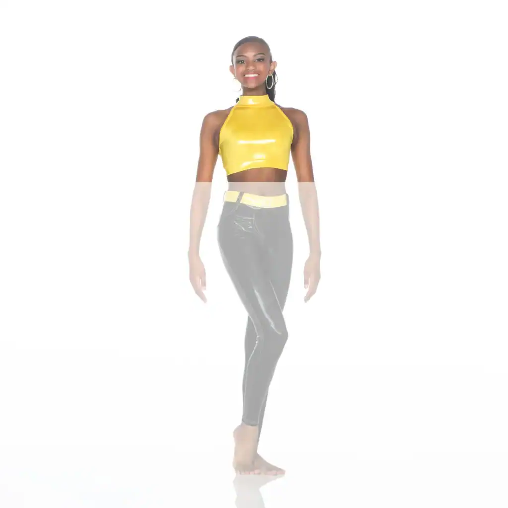 Smiling woman in yellow crop top and black leggings