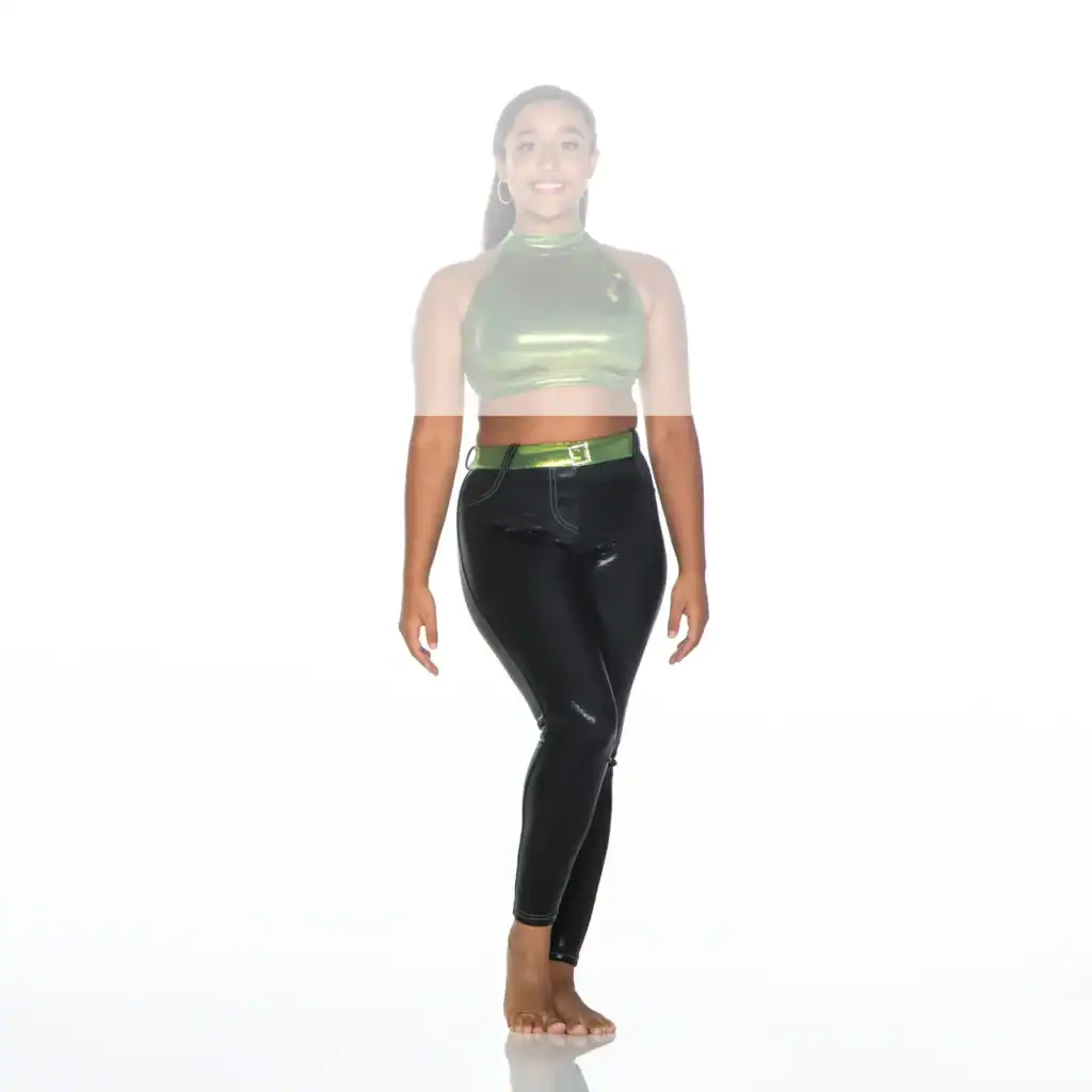 Woman wearing green crop top and black leggings