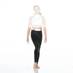 Model wearing black shiny leggings and white halter crop top