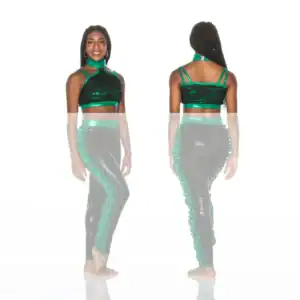 Front and back views of green dance costume