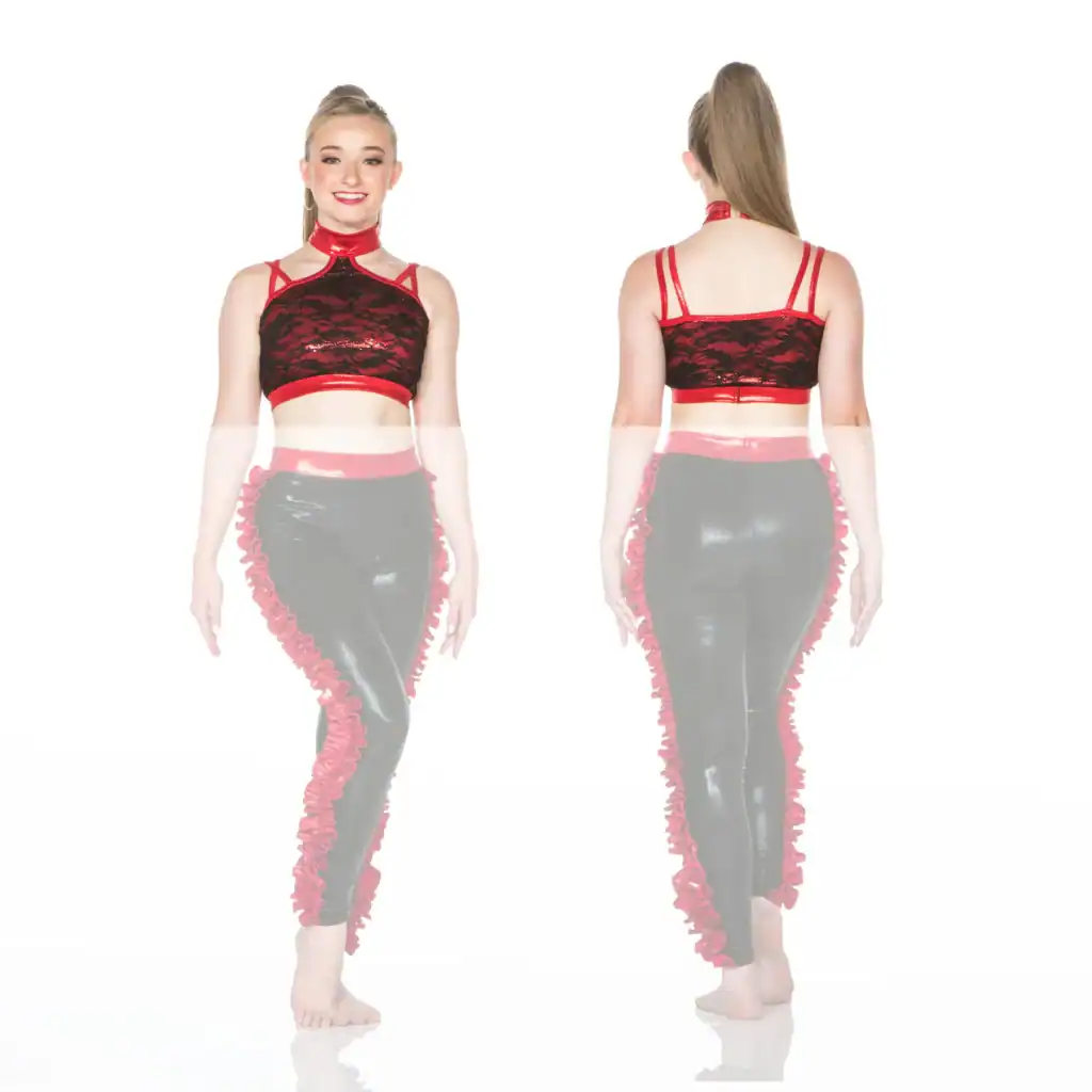 Front and back views of black and red dance costume