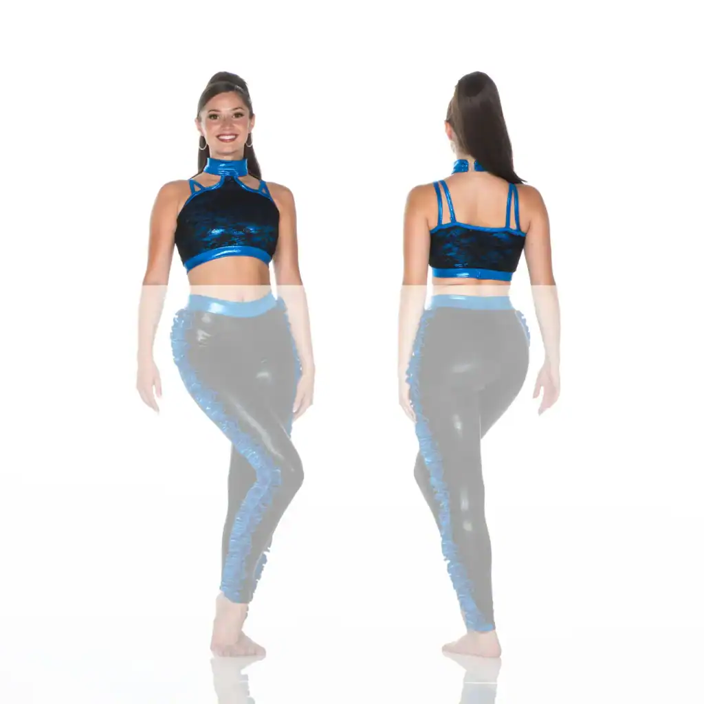 Front and back views of blue-and-black dance outfit