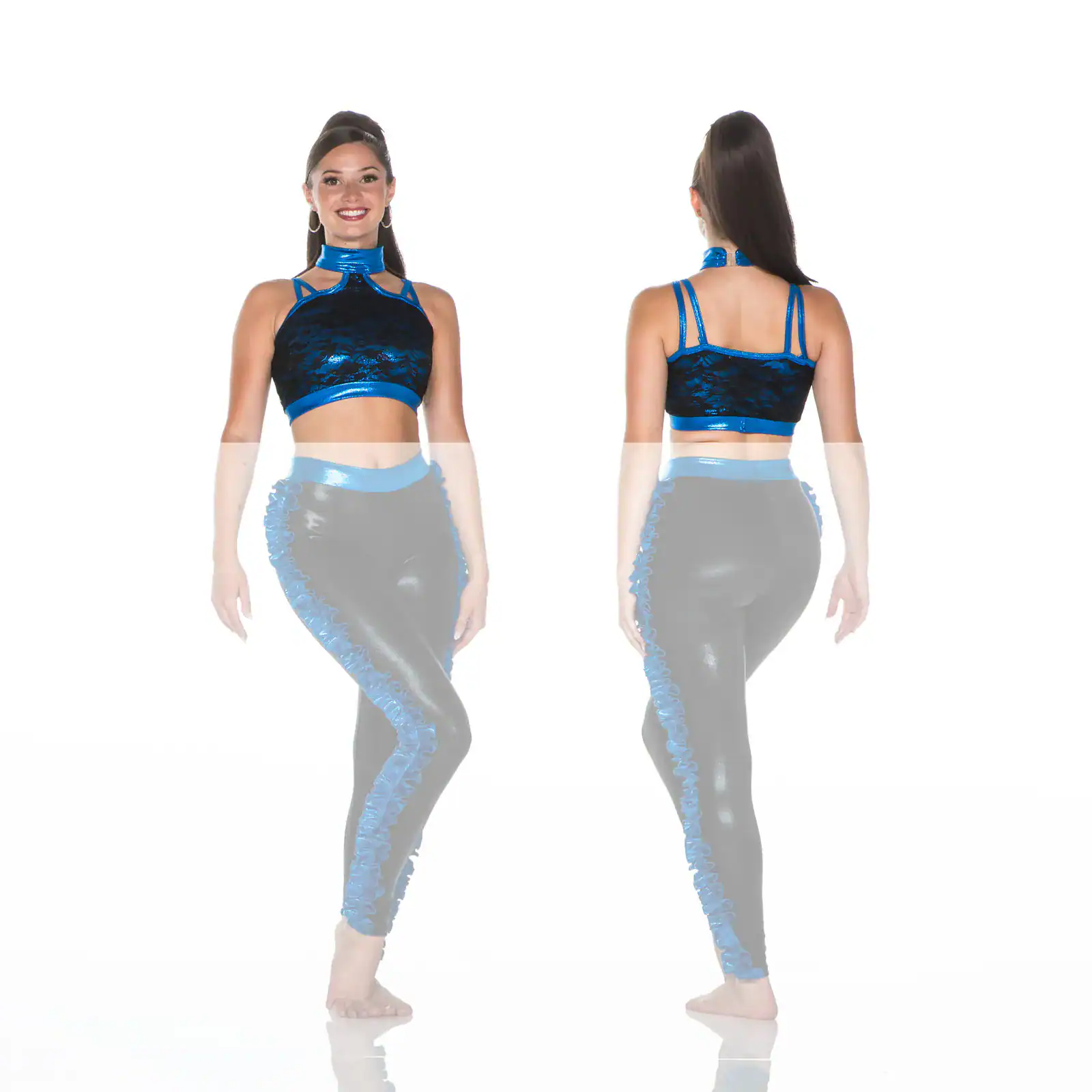 Front and back views of blue-and-black dance outfit