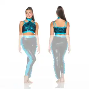 Front and back views of turquoise and black dance outfit