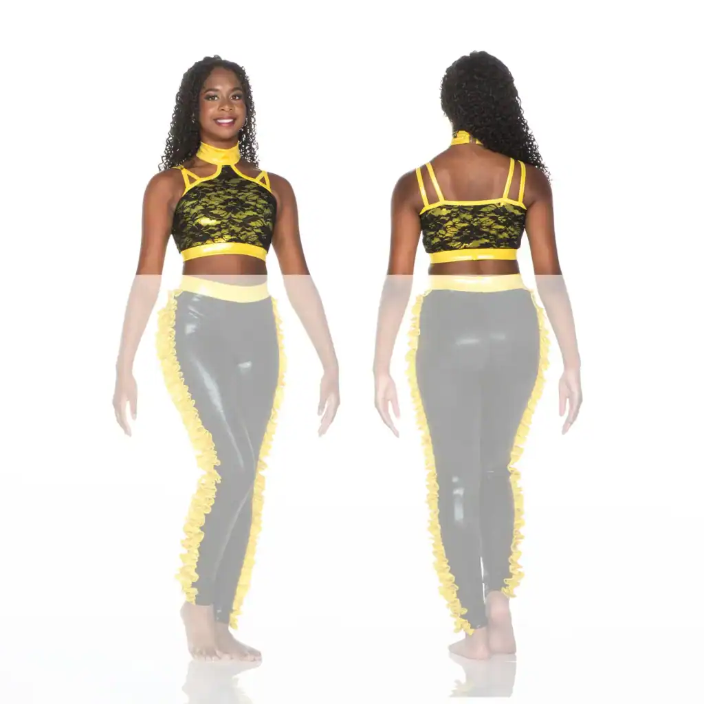 Front and back views of black and yellow dance costume