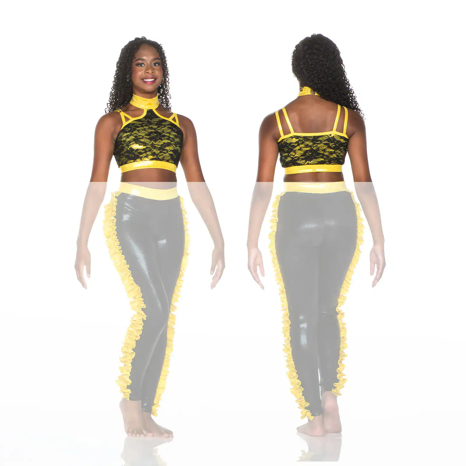 Front and back views of black and yellow dance costume