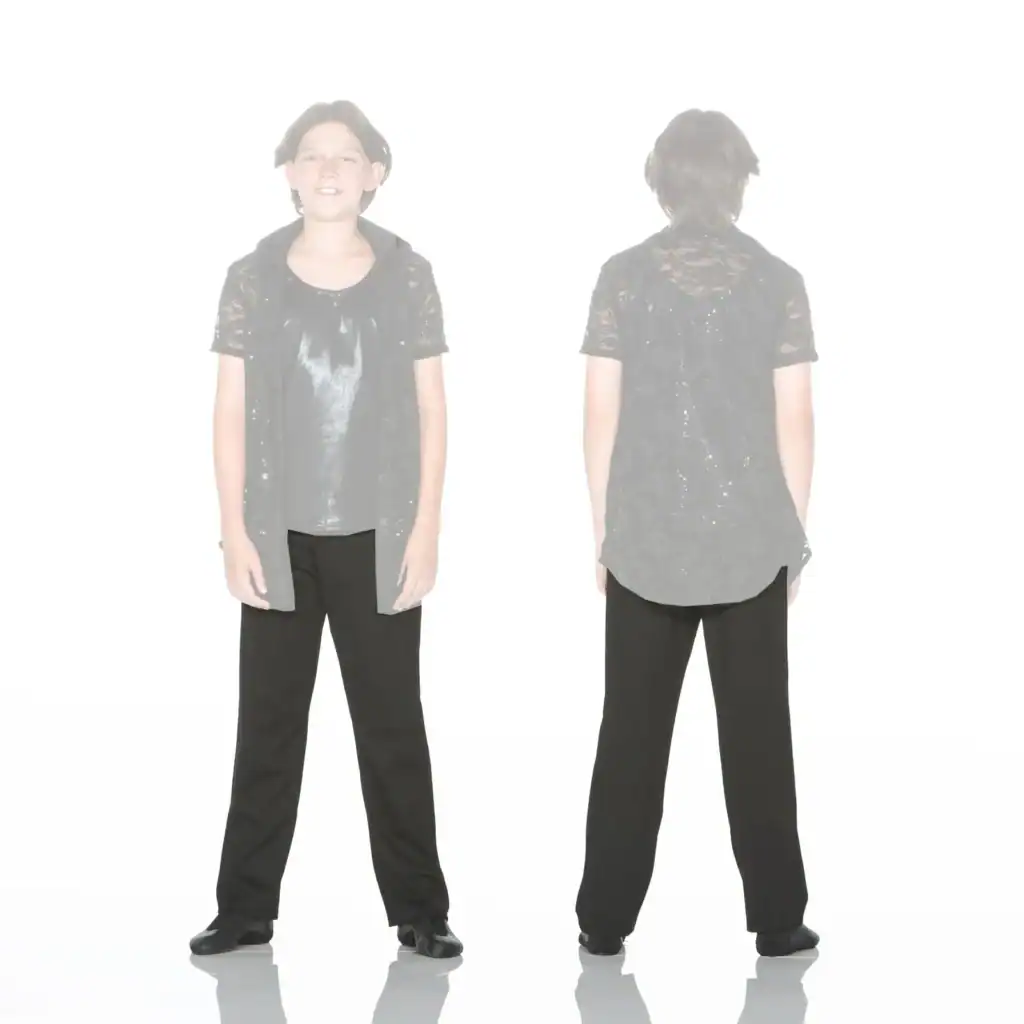 Front and back views of black lace layered top