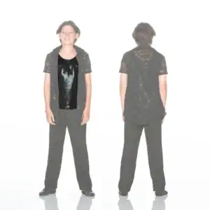 Front and back views of child wearing black lace vest
