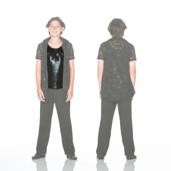 Front and back views of child wearing black lace vest