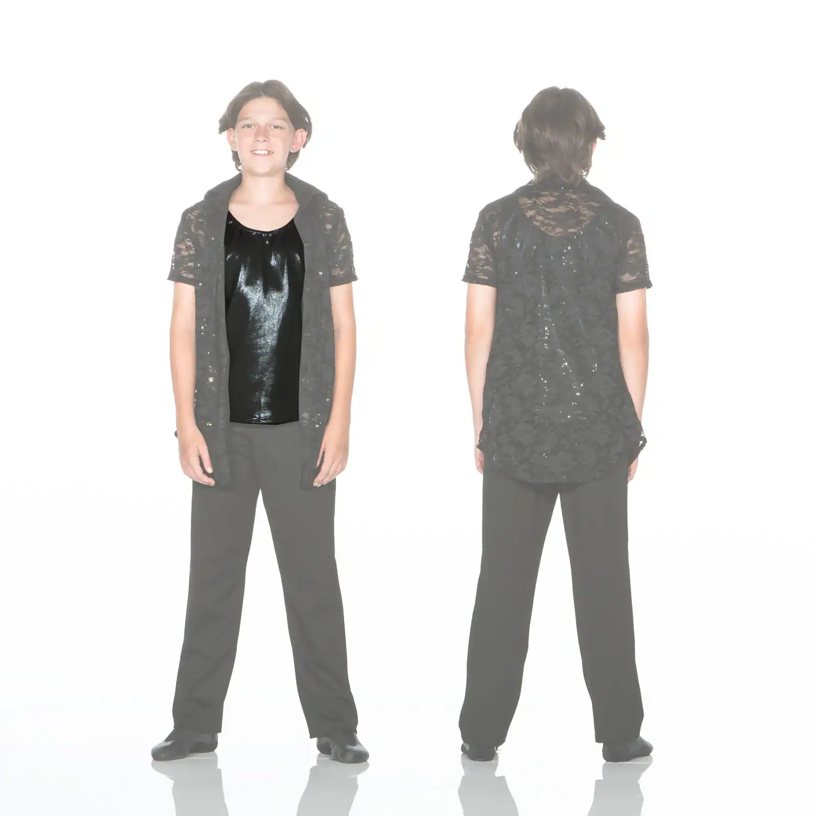 Front and back views of child wearing black lace vest
