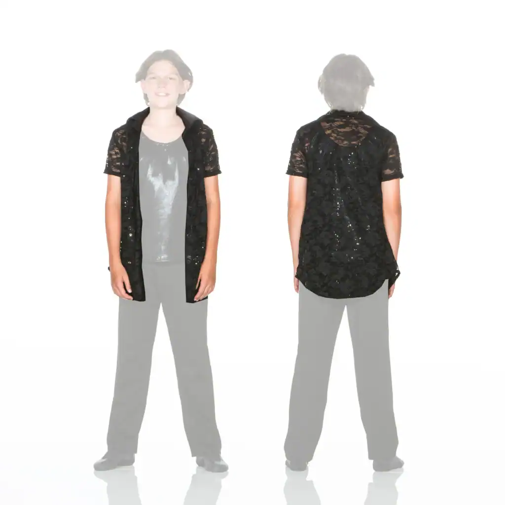 Front and back views of black lace sequined shirt