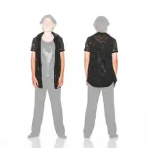 Front and back views of black lace sequined shirt