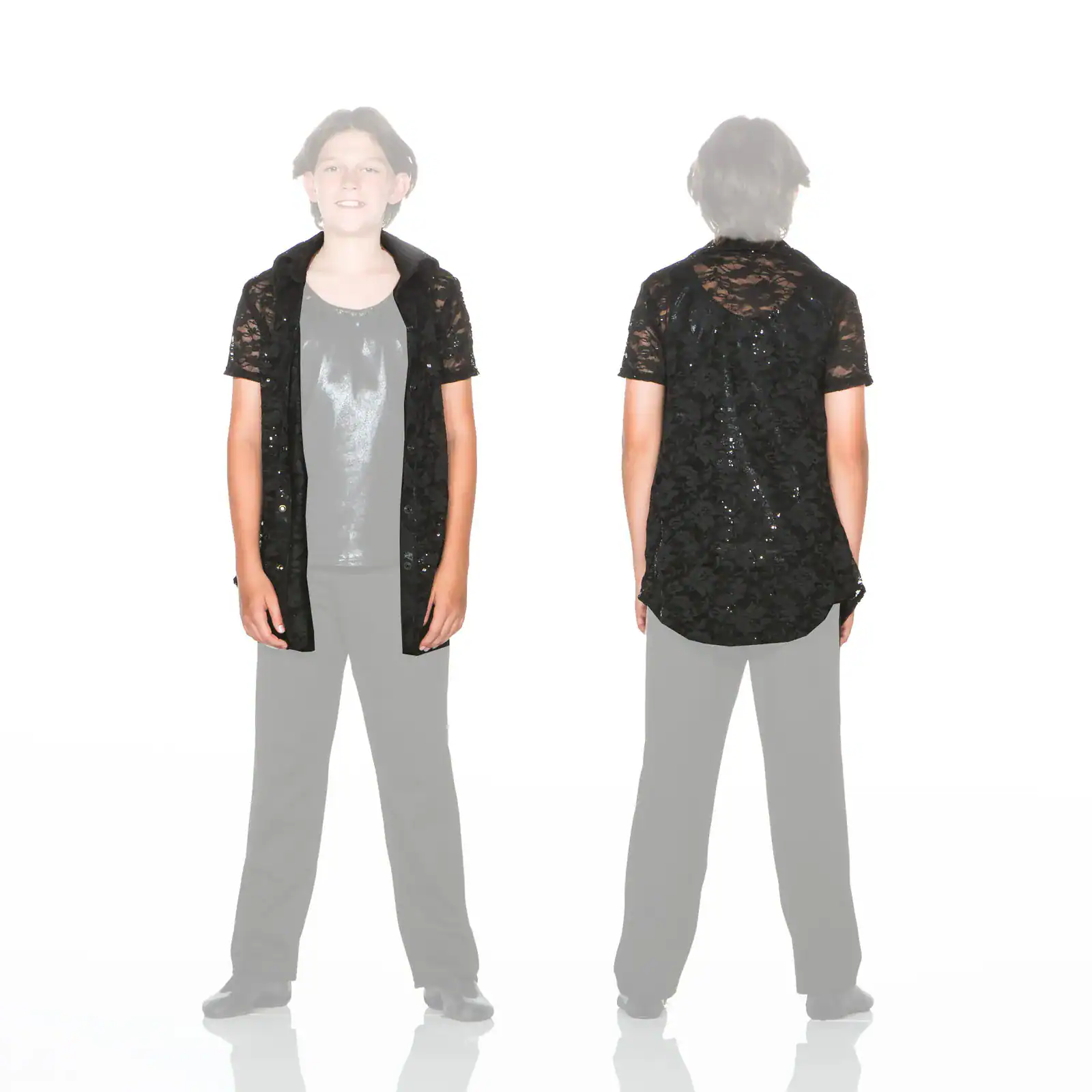 Front and back views of black lace sequined shirt