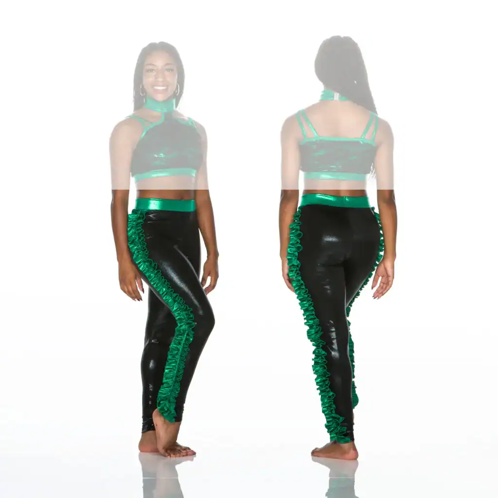 Front and back views of green and black dancewear