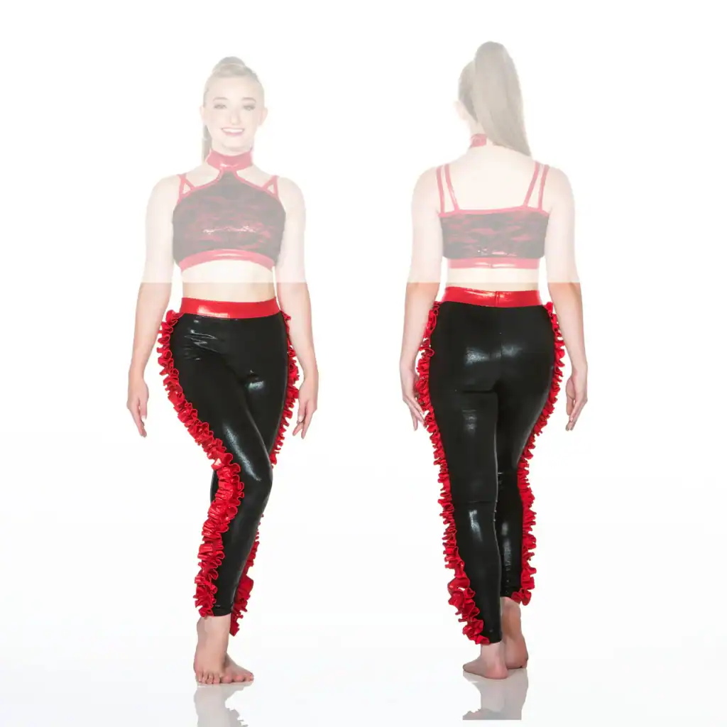 Front and back views of black and red dancewear.