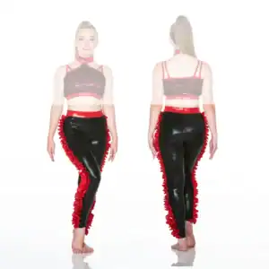 Front and back views of black and red dancewear.