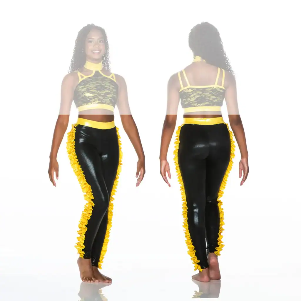 Front and back views of black-and-yellow dance costume