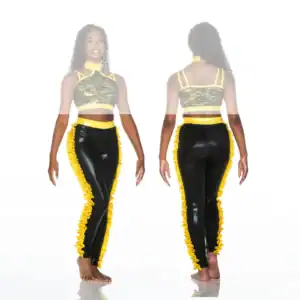 Front and back views of black-and-yellow dance costume