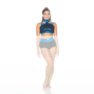 Smiling dancer in blue and black performance outfit