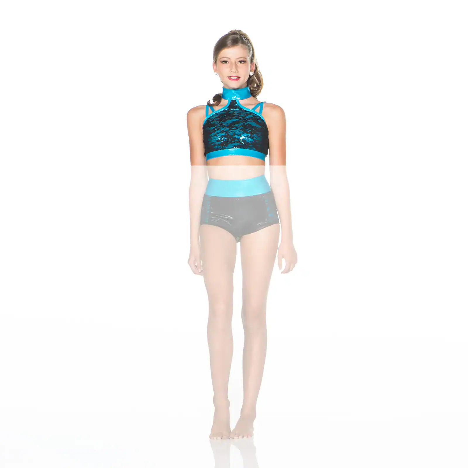 Young dancer wearing turquoise and black performance costume