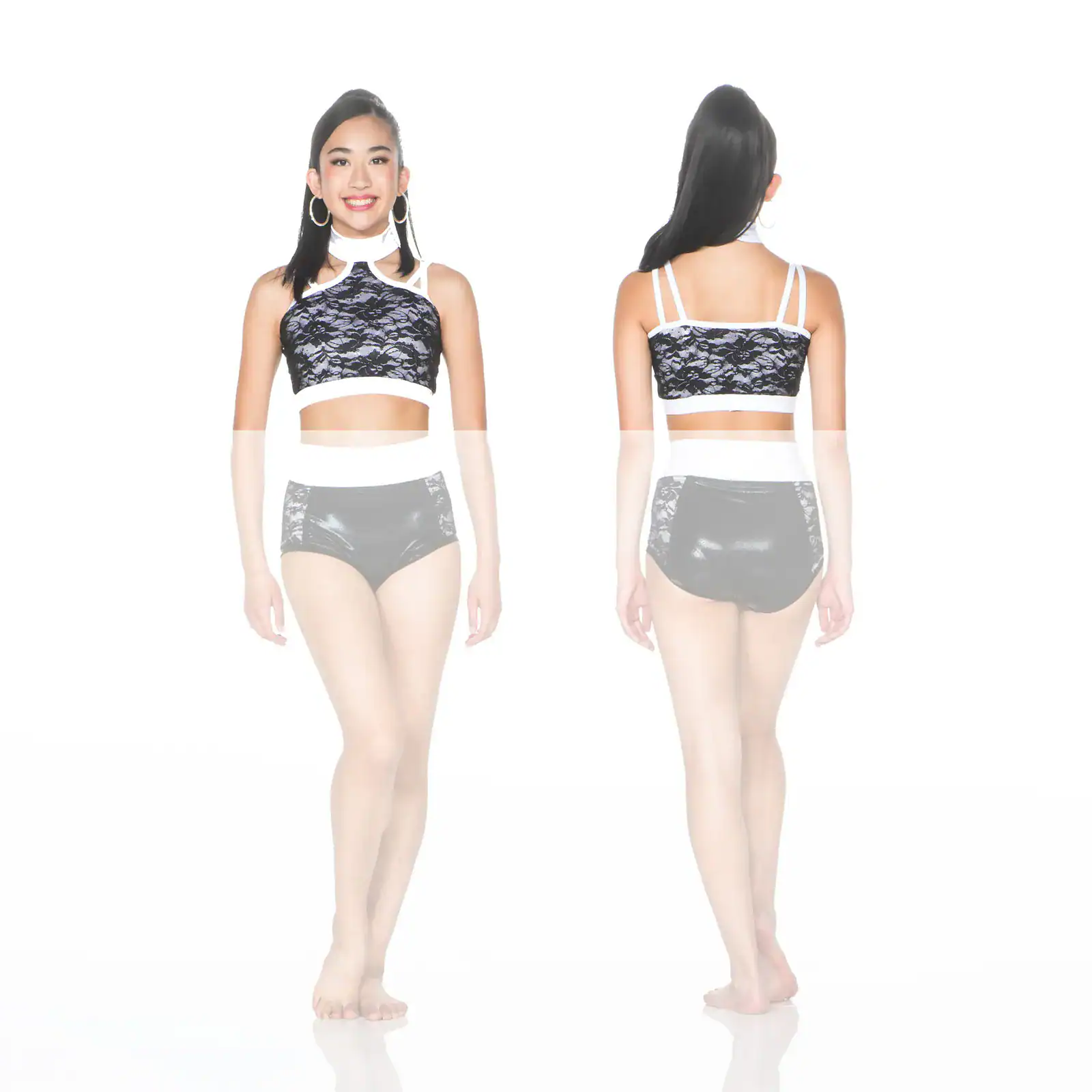 Front and back views of black lace crop top