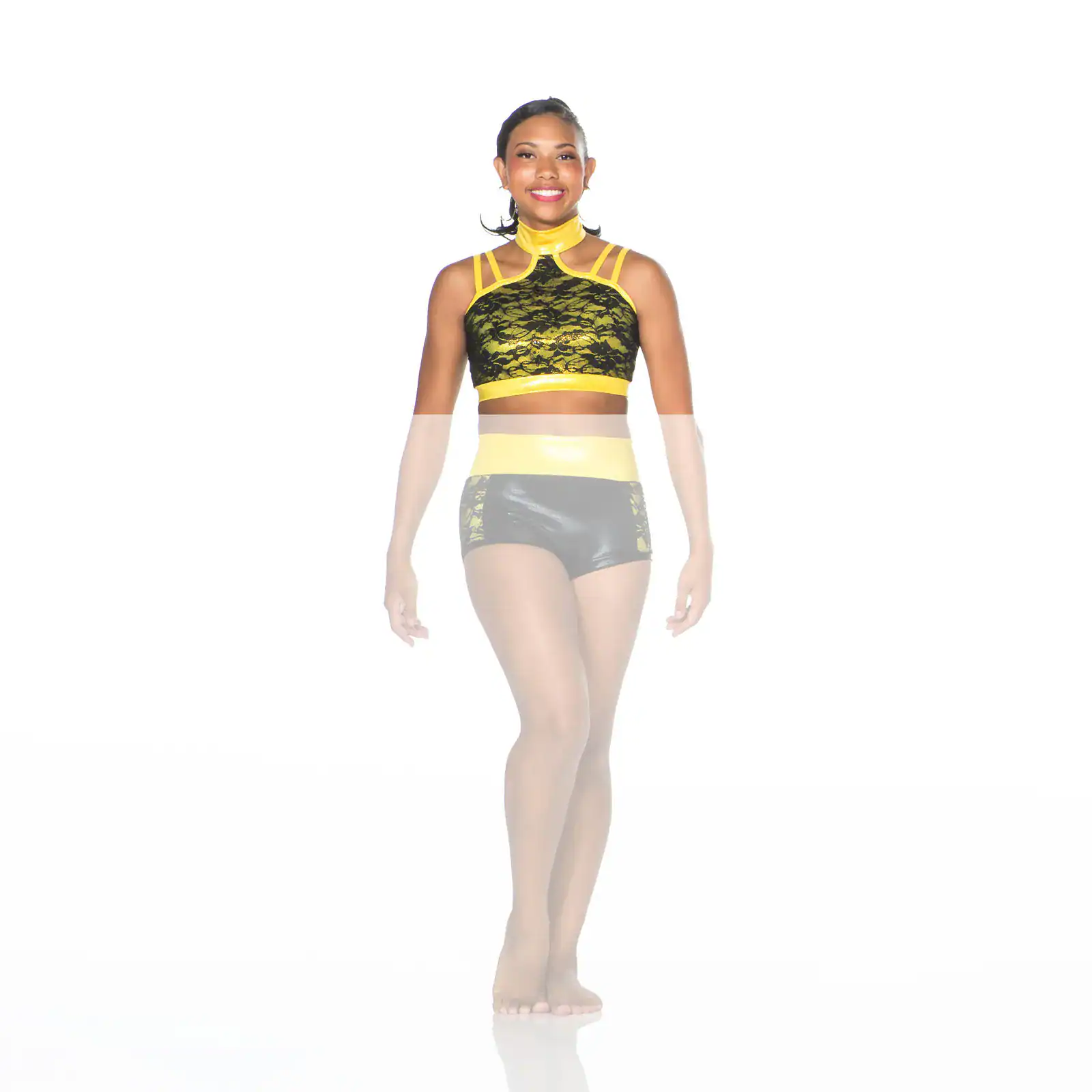 Smiling dancer in black and yellow performance outfit