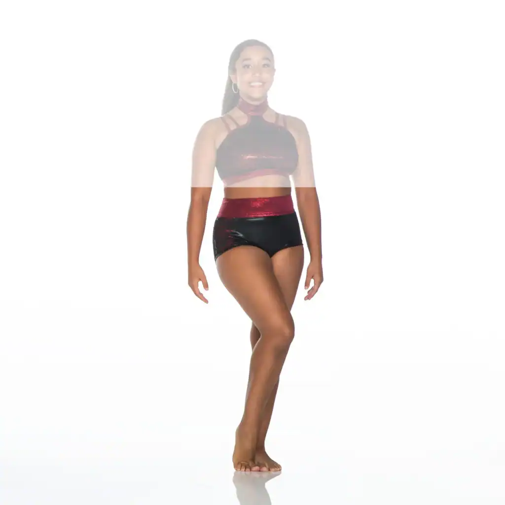 Smiling dancer in black and burgundy two-piece costume