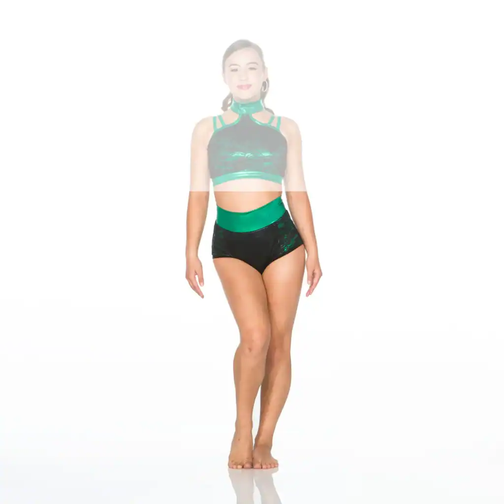 Woman modeling green and black dance costume