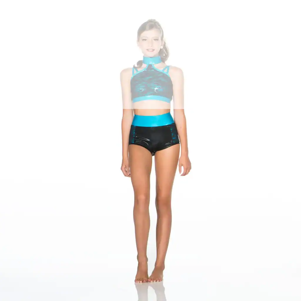 Young dancer wearing a turquoise and black performance outfit