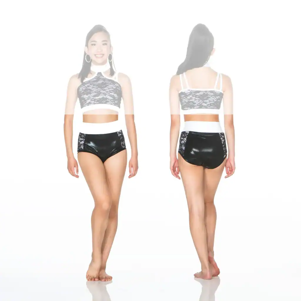 Front and back views of woman modeling black lace outfit