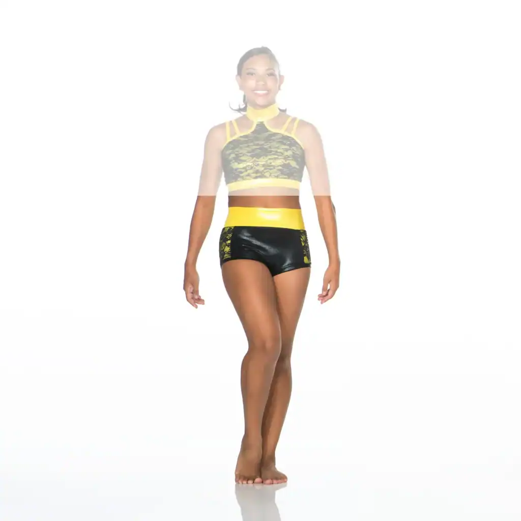 Woman modeling black and yellow dance outfit