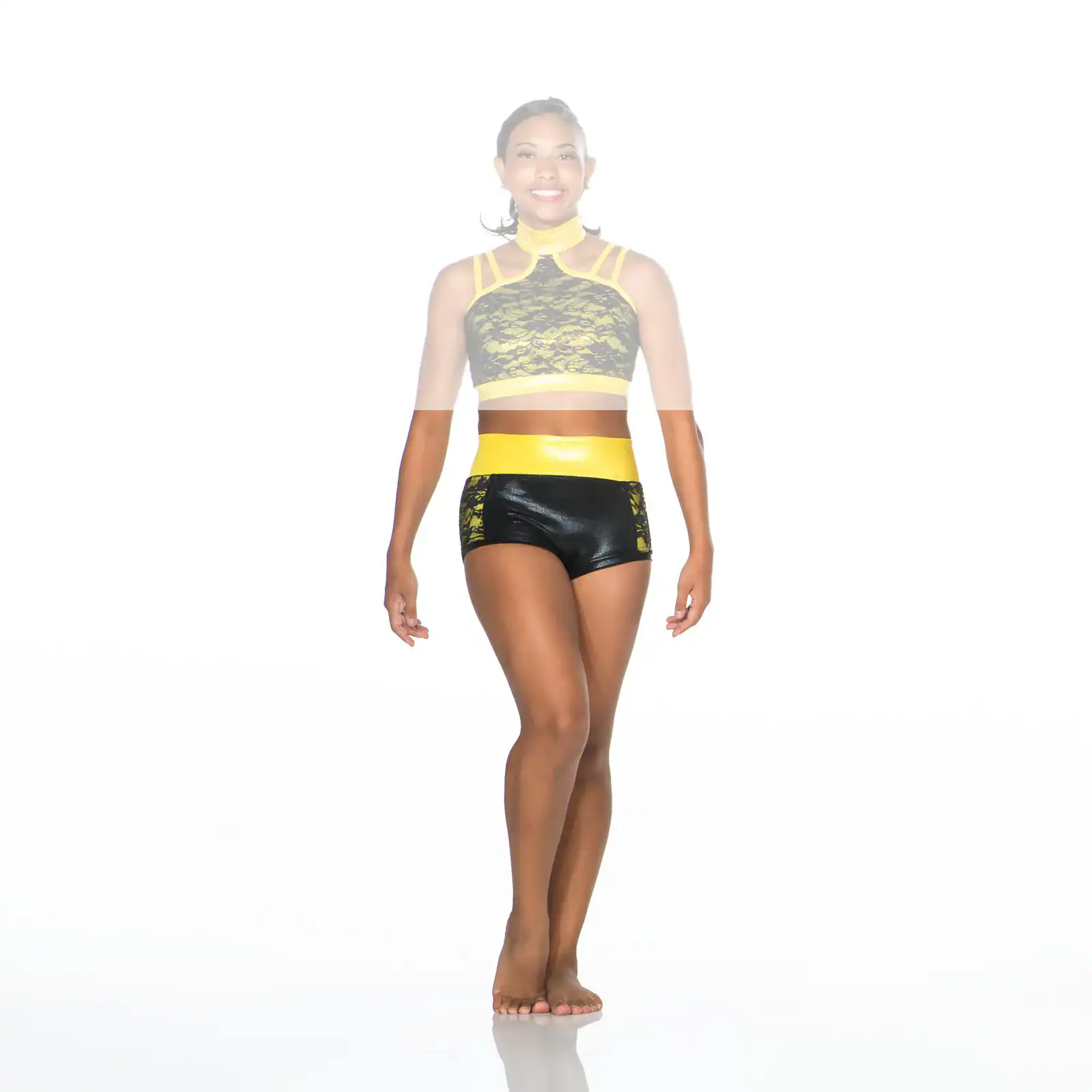 Woman modeling black and yellow dance outfit